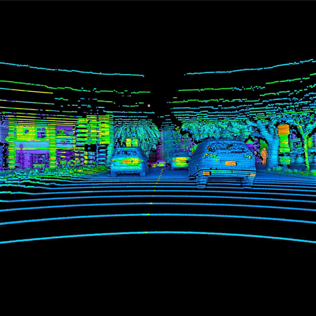 A busy street scene captured by Velodyne’s Alpha Puck, a 360 degree horizontal field of view lidar, is seen in this November 2018 image in San Jose, California, U.S. released on February 20, 2019. Courtesy Velodyne/Handout via REUTERS.