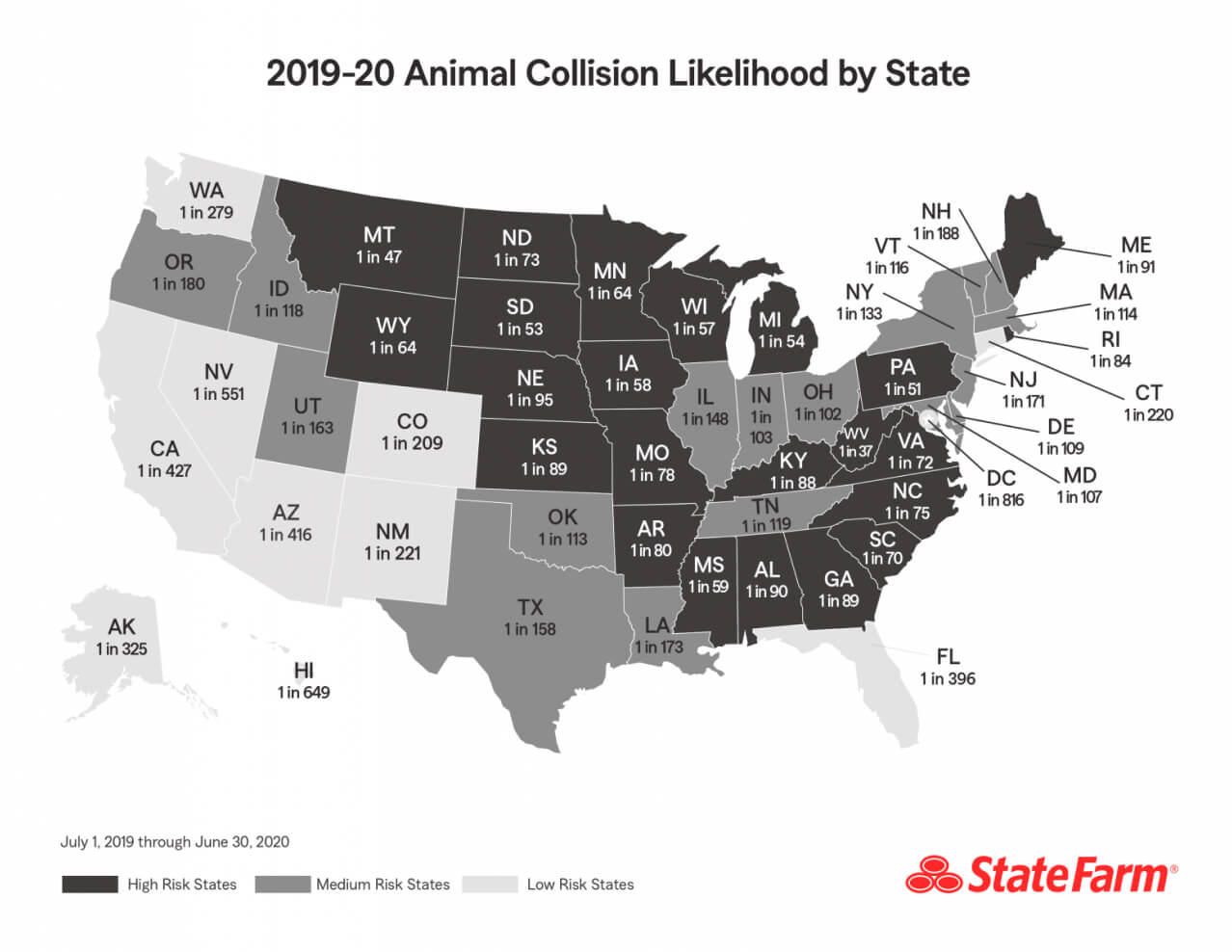 Map of the United States showing drivers in dark grey states have a higher risk of colliding with an animal while driving